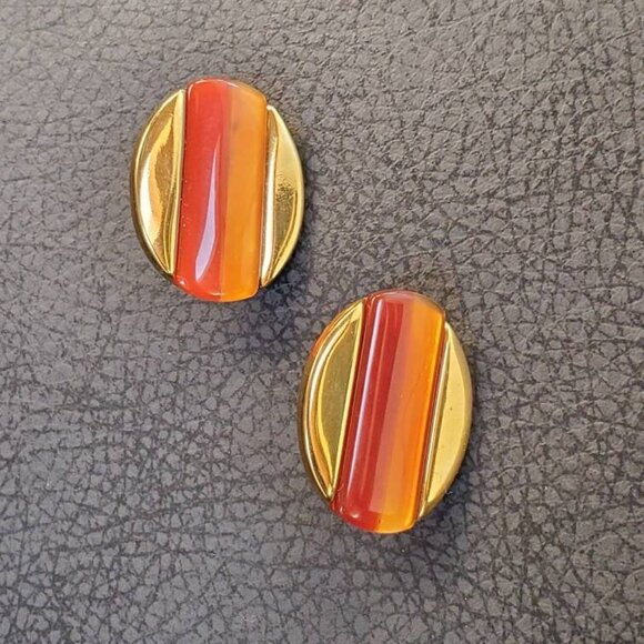 Signed Butler FAC Carnelian Clip on Earrings - Picture 1 of 10